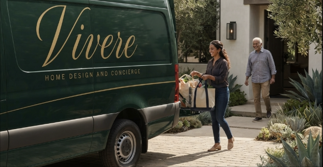 A Vivere concierge unloading groceries from a branded van at a client's home
