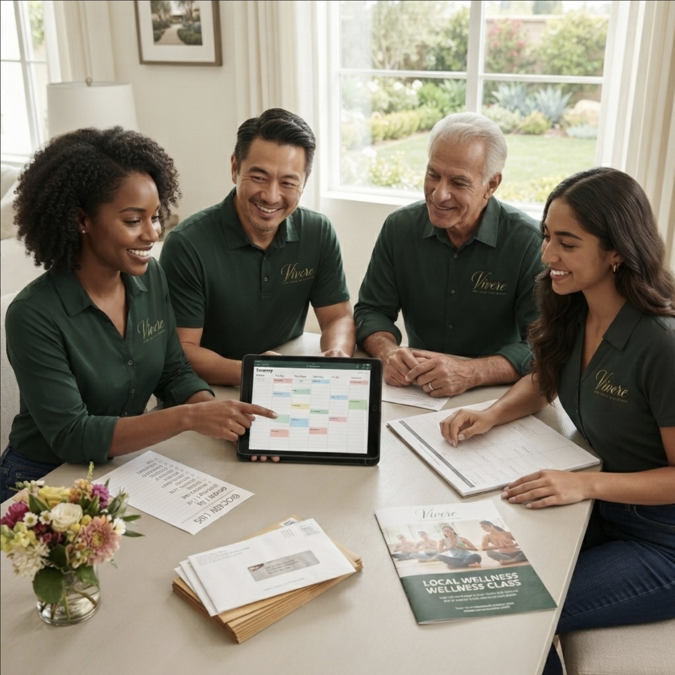 Vivere concierges reviewing a family's weekly schedule at a kitchen table with a client